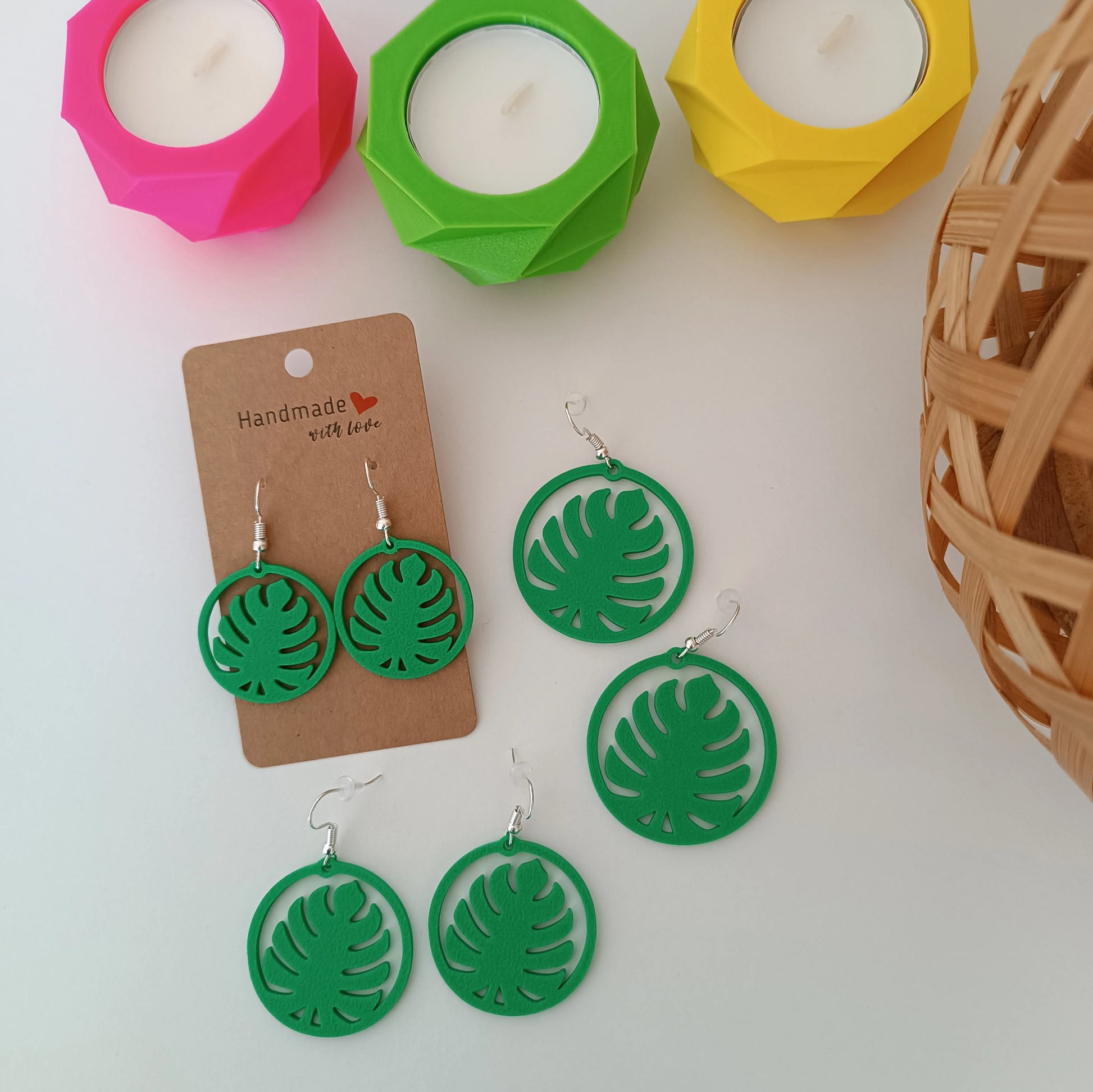 Boucles d'oreilles Monstera Vert Bambou Pomme Caramel