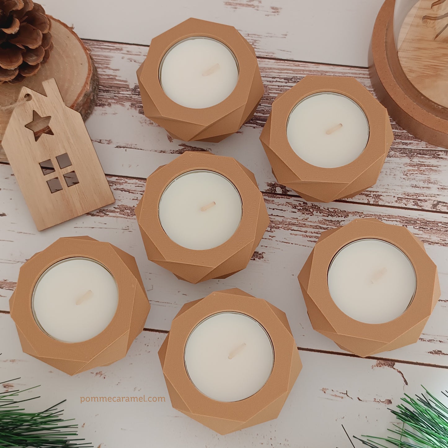 Bougeoir effet bois bougie parfum vanille Pomme Caramel